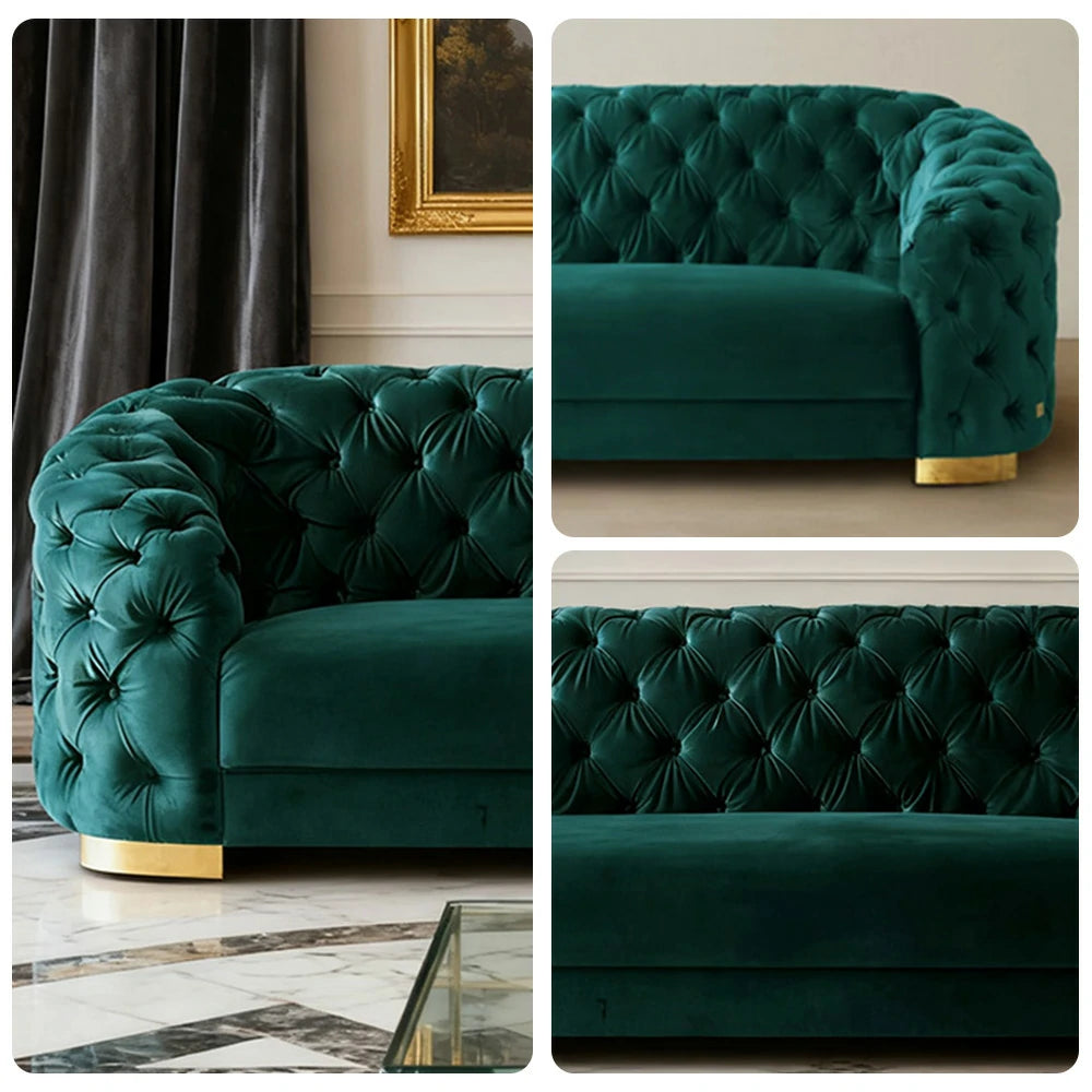 LUXORA Modern Sofa Soft Velvet Fabric Gold Stainless Steel Legs High-Density Foam Filling Curved Backrest - Blue