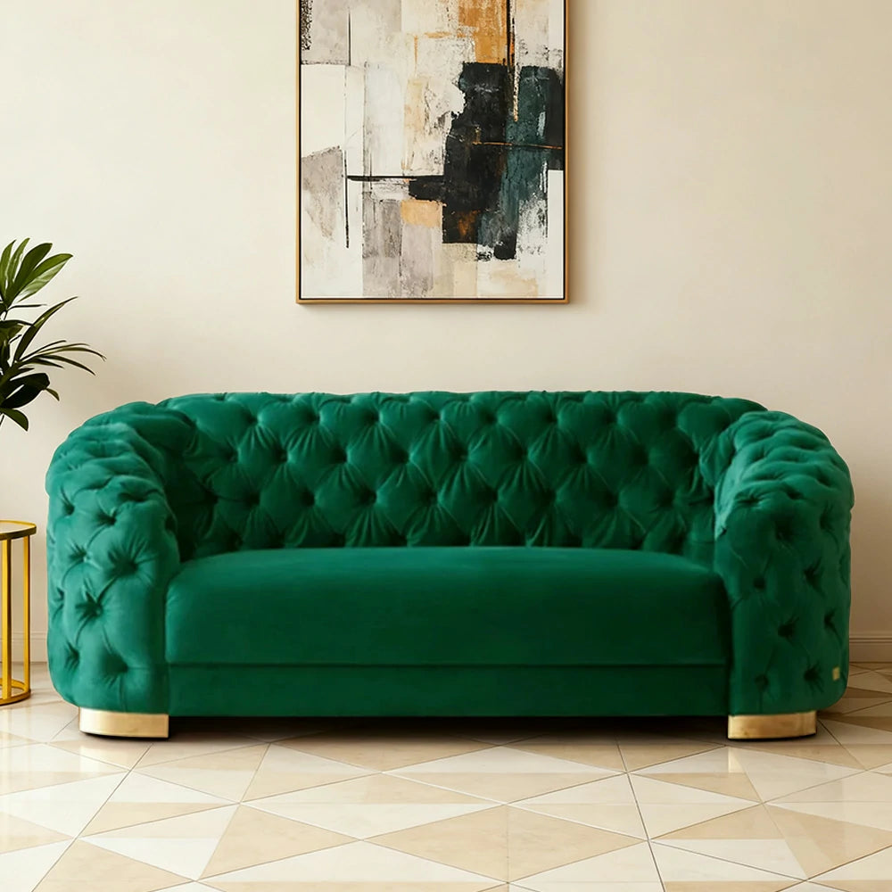 LUXORA Modern Sofa Soft Velvet Fabric Gold Stainless Steel Legs High-Density Foam Filling Curved Backrest - Green