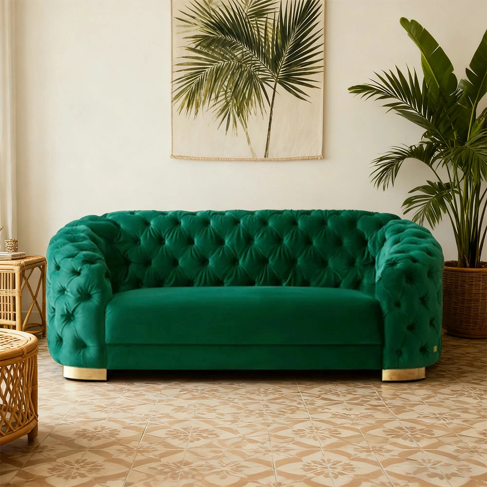LUXORA Modern Sofa Soft Velvet Fabric Gold Stainless Steel Legs High-Density Foam Filling Curved Backrest - Green