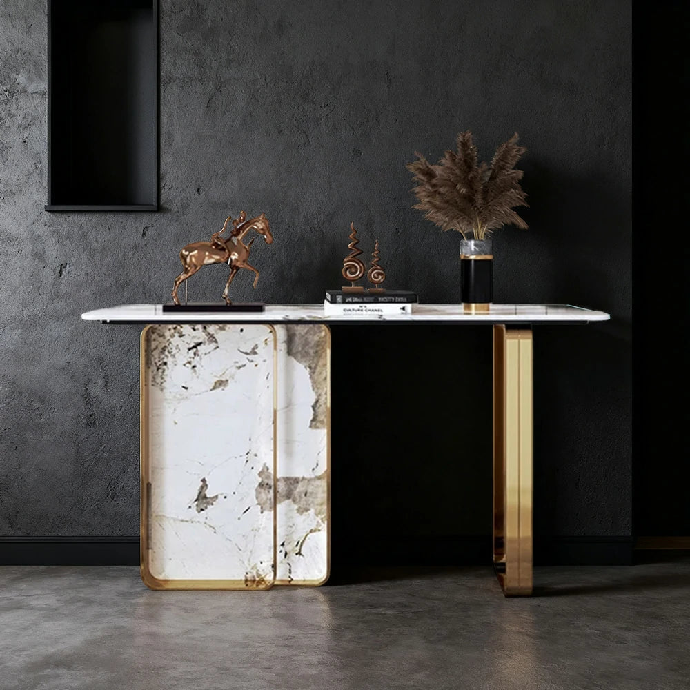 LUXORA 140/160cm Dining Table Ultra-Slim High-End Sintered Stone with Carbon Steel Frame - Gold&White