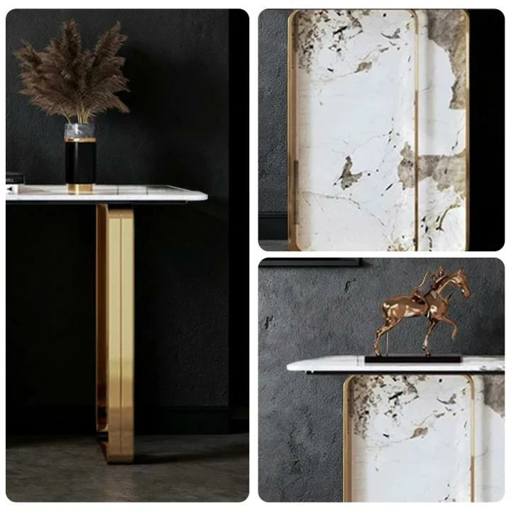 LUXORA 140/160cm Dining Table Ultra-Slim High-End Sintered Stone with Carbon Steel Frame - Gold&White