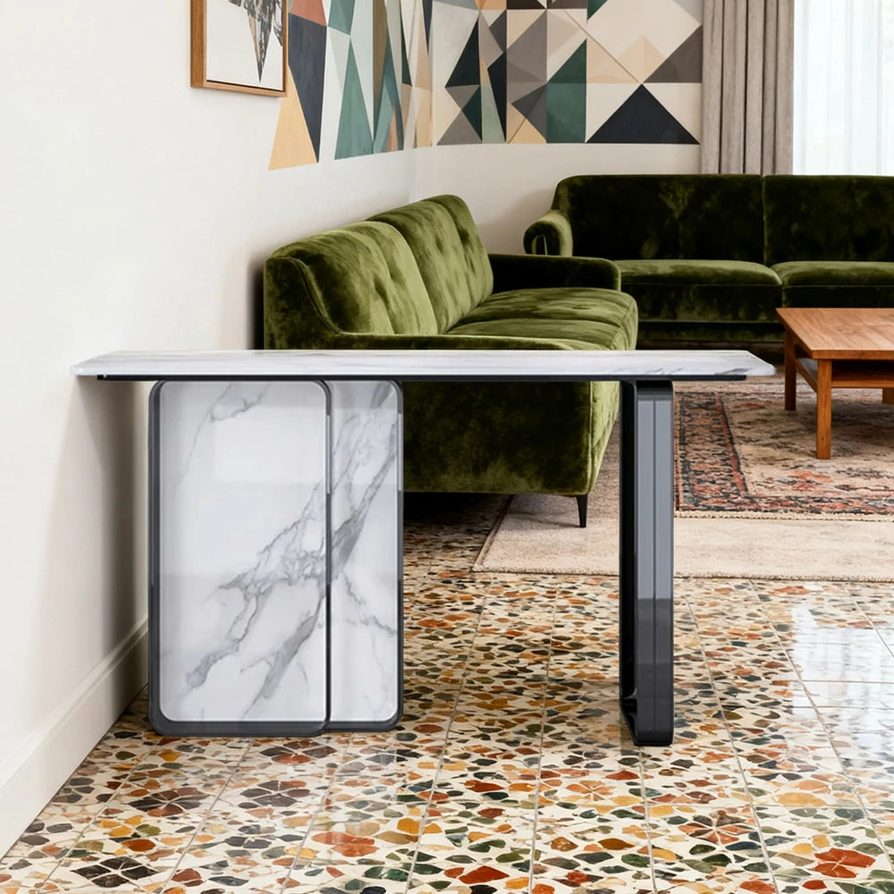 LUXORA 140/160cm Dining Table Ultra-Slim High-End Sintered Stone with Carbon Steel Frame - Silver&White