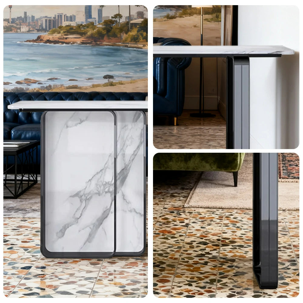 LUXORA 140/160cm Dining Table Ultra-Slim High-End Sintered Stone with Carbon Steel Frame - Silver&White