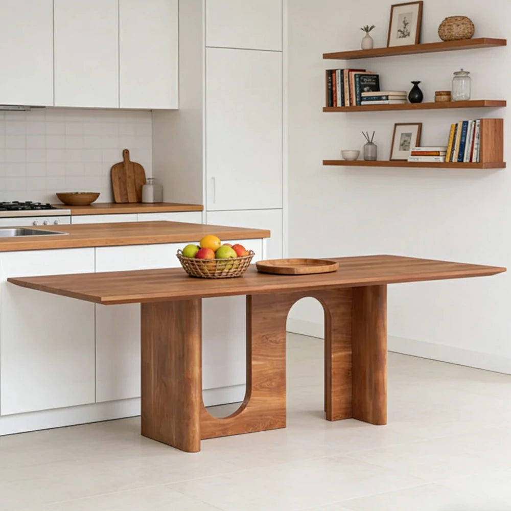 LUXORA 140/160cm New Zealand Pine Solid Wood Dining Table - Minimalist Arch Leg Design, Thick Stable Structure, Modern Table for Dining & Living Spaces - Natural