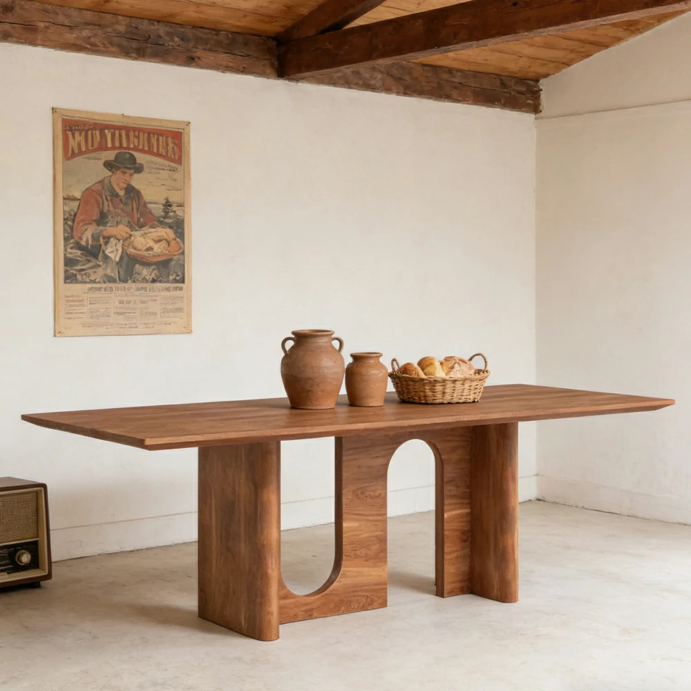 LUXORA 140/160cm New Zealand Pine Solid Wood Dining Table - Minimalist Arch Leg Design, Thick Stable Structure, Modern Table for Dining & Living Spaces - Natural