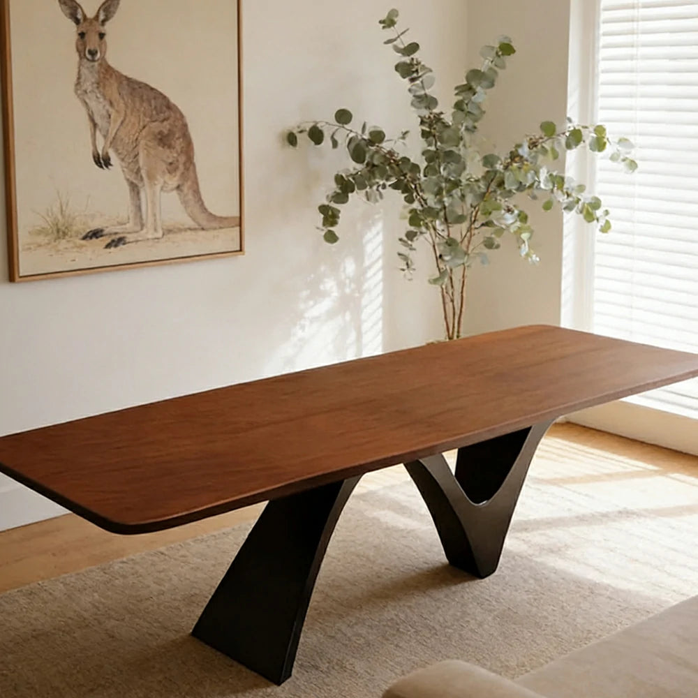 LUXORA 140/160cm New Zealand Pine Solid Wood Dining Table - Sculptural V-Leg Design, Thick Wood Top, Coastal & Modern Dining Table - Walnut Black