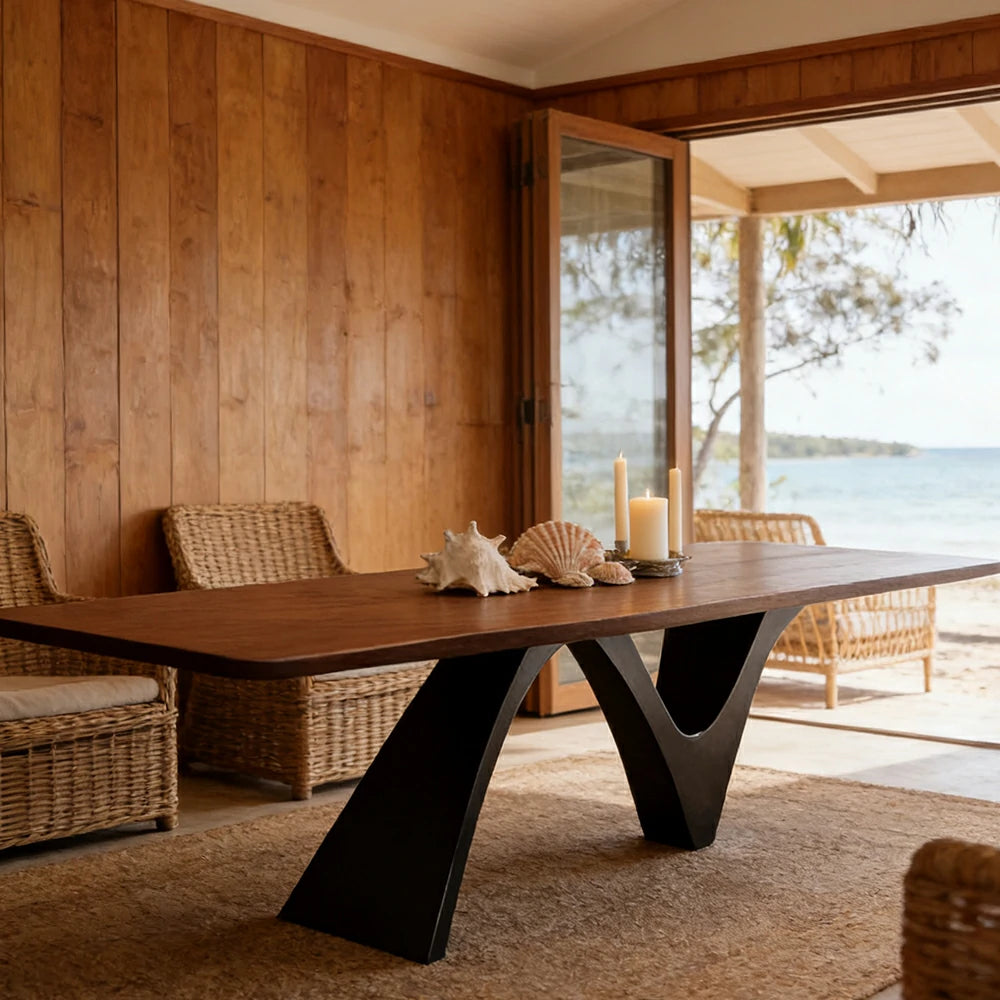 LUXORA 140/160cm New Zealand Pine Solid Wood Dining Table - Sculptural V-Leg Design, Thick Wood Top, Coastal & Modern Dining Table - Walnut Black