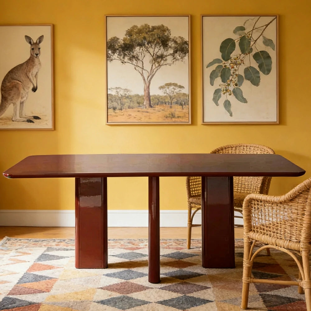 LUXORA 140/160cm Minimalist Solid Wood Long Table - Designer Full Wood Construction, Clean Lines, Modern Dining & Work Table - Burgundy Red