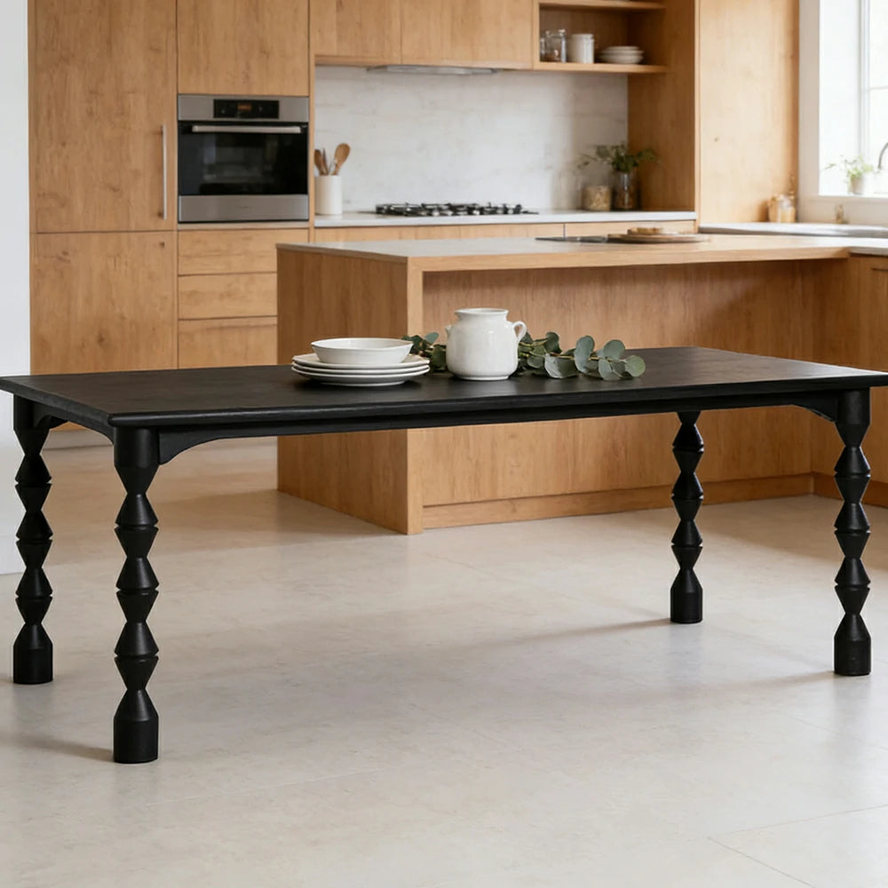 LUXORA 140/160cm American Solid Wood Dining Table - Turned Leg Design, Rustic Vintage Style, Durable Table for Dining & Living Spaces - Black
