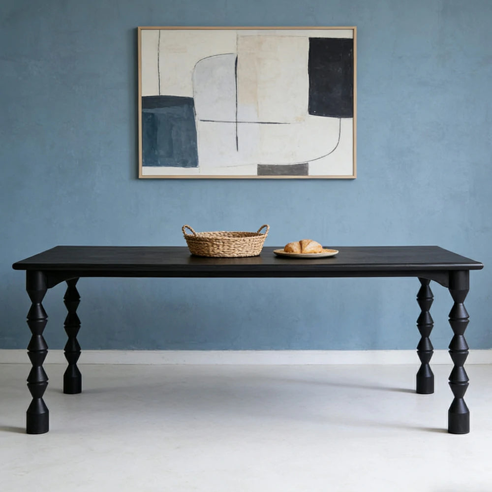 LUXORA 140/160cm American Solid Wood Dining Table - Turned Leg Design, Rustic Vintage Style, Durable Table for Dining & Living Spaces - Black