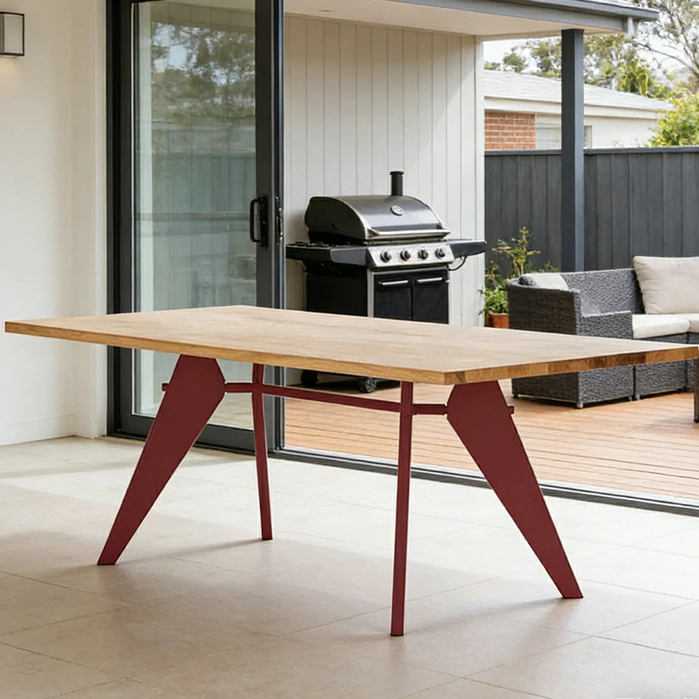 LUXORA 140/160cm Imported New Zealand Pine Solid Wood Dining Table - Nordic Bauhaus Design, Thick Wood Top, Stable Metal Legs for Dining & Work Spaces - Natural & Red