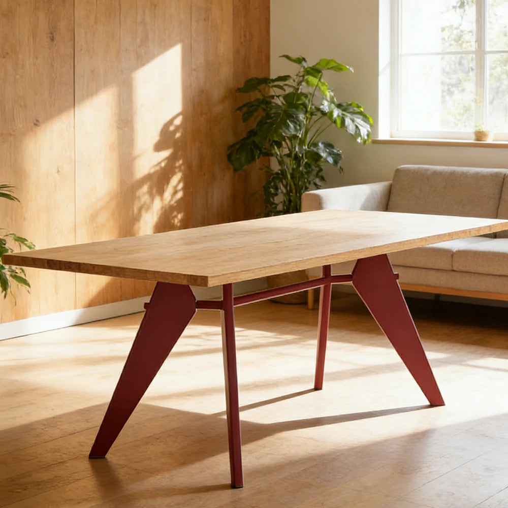LUXORA 140/160cm Imported New Zealand Pine Solid Wood Dining Table - Nordic Bauhaus Design, Thick Wood Top, Stable Metal Legs for Dining & Work Spaces - Natural & Red