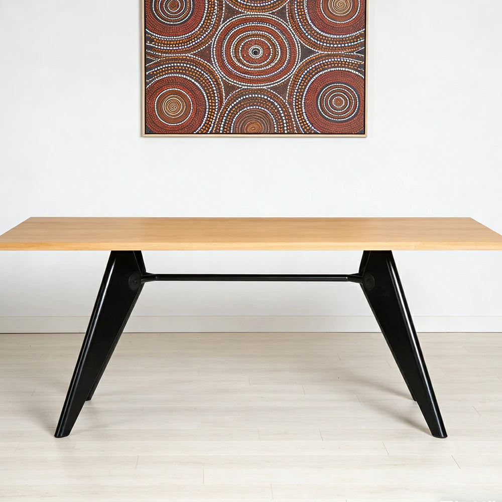 LUXORA 140/160cm Imported New Zealand Pine Solid Wood Dining Table - Nordic Bauhaus Design, Thick Wood Top, Stable Metal Legs for Dining & Work Spaces - Natural & Black