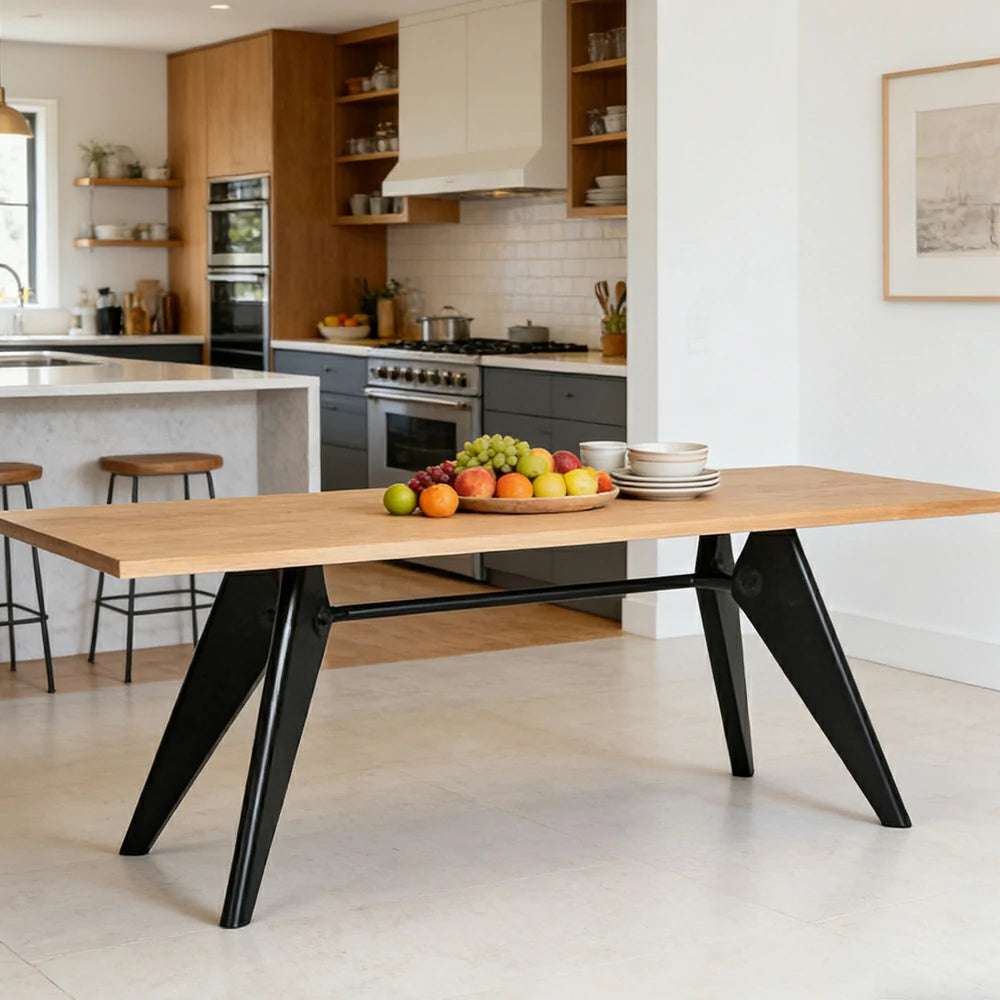 LUXORA 140/160cm Imported New Zealand Pine Solid Wood Dining Table - Nordic Bauhaus Design, Thick Wood Top, Stable Metal Legs for Dining & Work Spaces - Natural & Black