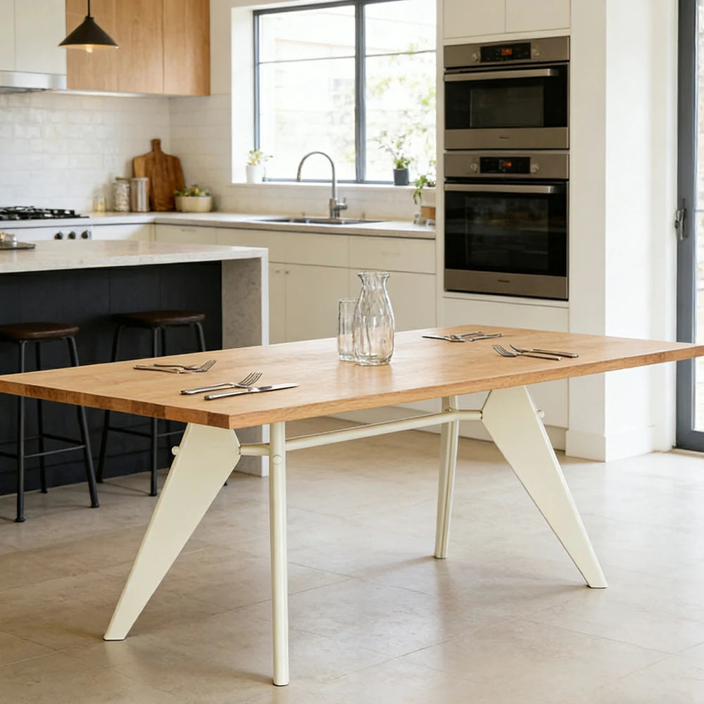 LUXORA 140/160cm Imported New Zealand Pine Solid Wood Dining Table - Nordic Bauhaus Design, Thick Wood Top, Stable Metal Legs for Dining & Work Spaces - Natural & Beige