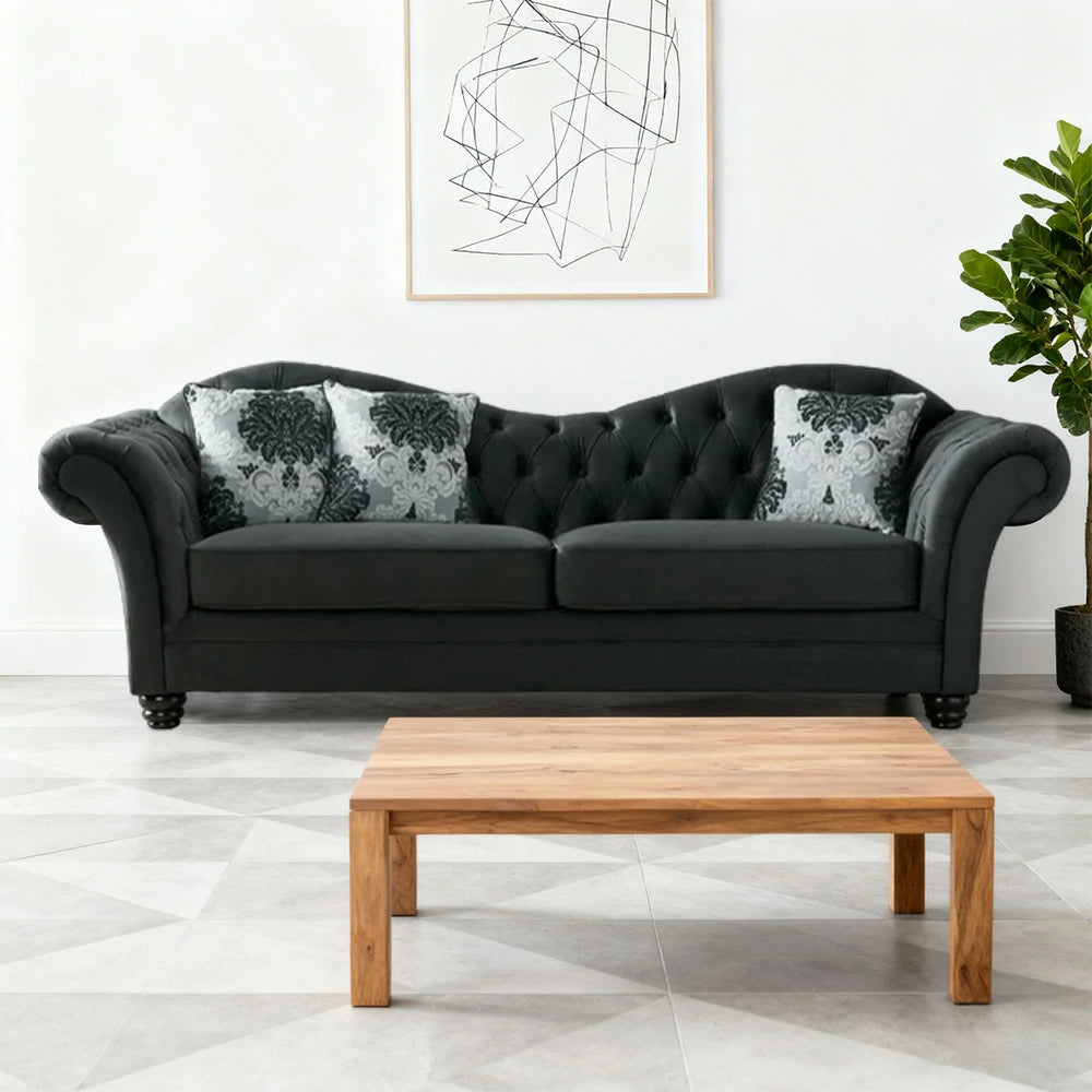 LUXORA Sofa Velvet Fabric Handcrafted Button-Tufted Backrest Wooden Legs Elegant British Style - Black