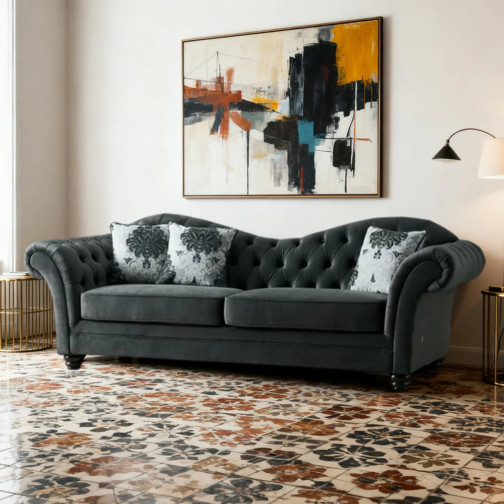 LUXORA Sofa Velvet Fabric Handcrafted Button-Tufted Backrest Wooden Legs Elegant British Style - Black