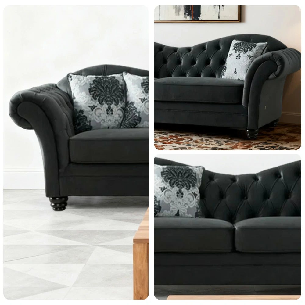 LUXORA Sofa Velvet Fabric Handcrafted Button-Tufted Backrest Wooden Legs Elegant British Style - Black
