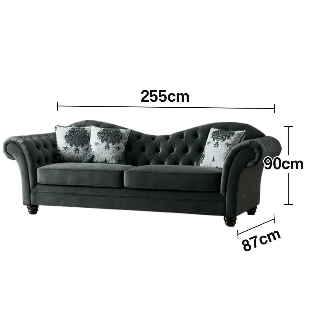 LUXORA Sofa Velvet Fabric Handcrafted Button-Tufted Backrest Wooden Legs Elegant British Style - Black