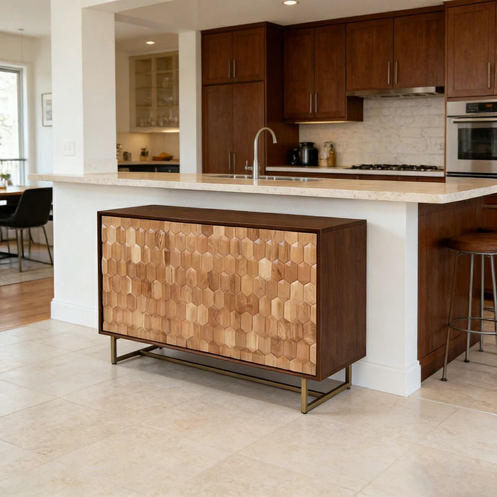 LUXORA 120/140cm Wooden Sideboard Cabinet - Hexagonal Door Design, Large Enclosed Storage, Natural Timber Panels, Elevated Metal Base