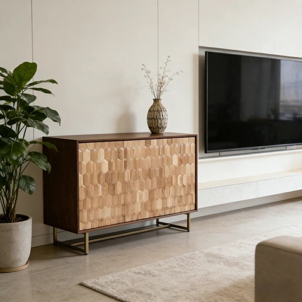 LUXORA 120/140cm Wooden Sideboard Cabinet - Hexagonal Door Design, Large Enclosed Storage, Natural Timber Panels, Elevated Metal Base