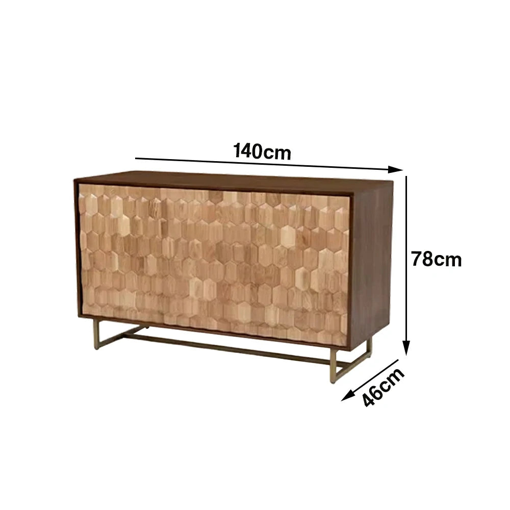 LUXORA 120/140cm Wooden Sideboard Cabinet - Hexagonal Door Design, Large Enclosed Storage, Natural Timber Panels, Elevated Metal Base