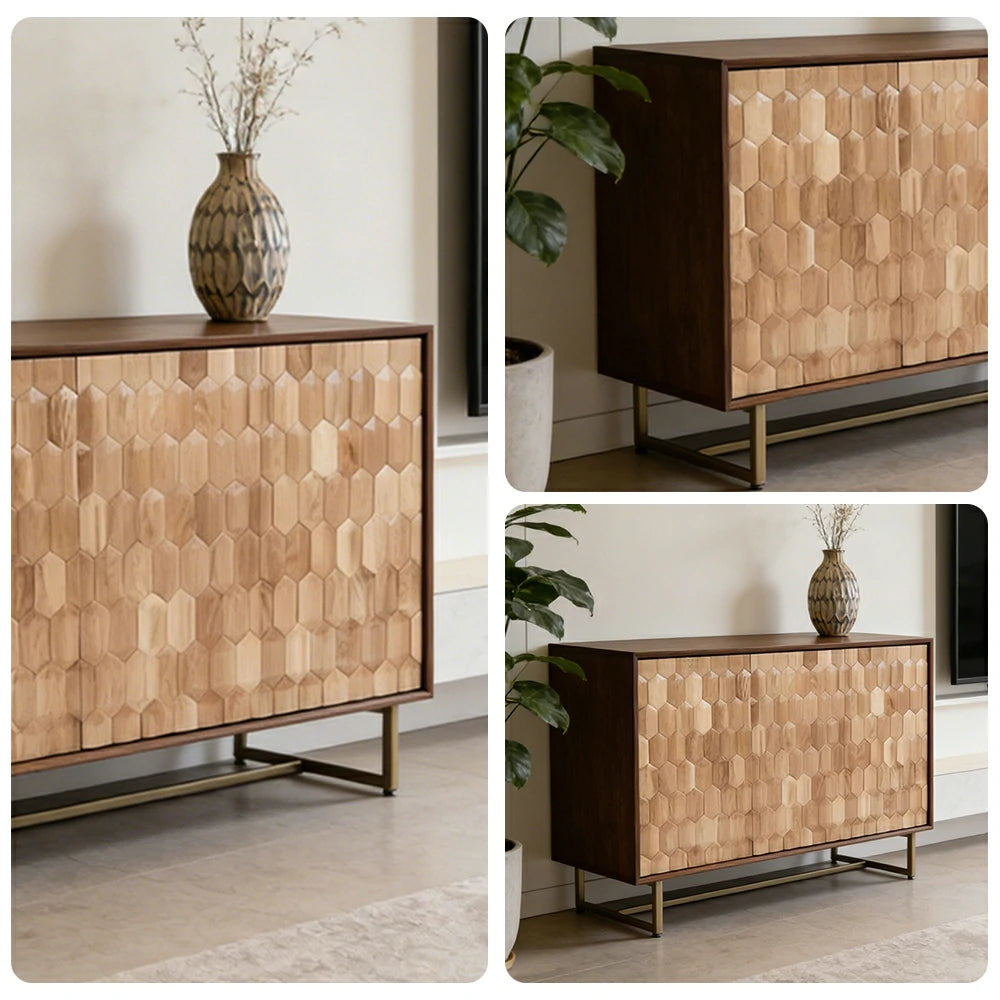 LUXORA 120/140cm Wooden Sideboard Cabinet - Hexagonal Door Design, Large Enclosed Storage, Natural Timber Panels, Elevated Metal Base