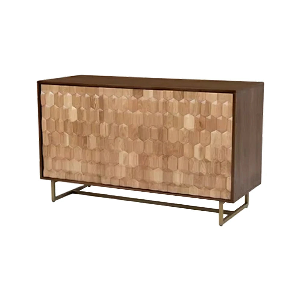LUXORA 120/140cm Wooden Sideboard Cabinet - Hexagonal Door Design, Large Enclosed Storage, Natural Timber Panels, Elevated Metal Base