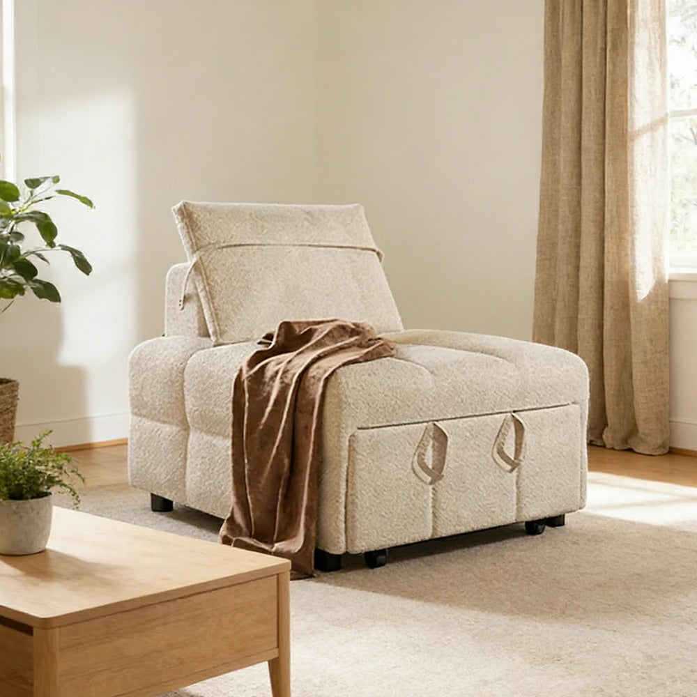 LIVARA 85/105cm Convertible Sherpa Sofa Bed, 3-in-1 Single Sleeper Chair, Ergonomic Support, Space-Saving Design for Small Homes - Cream
