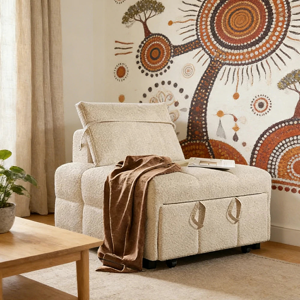LIVARA 85/105cm Convertible Sherpa Sofa Bed, 3-in-1 Single Sleeper Chair, Ergonomic Support, Space-Saving Design for Small Homes - Cream