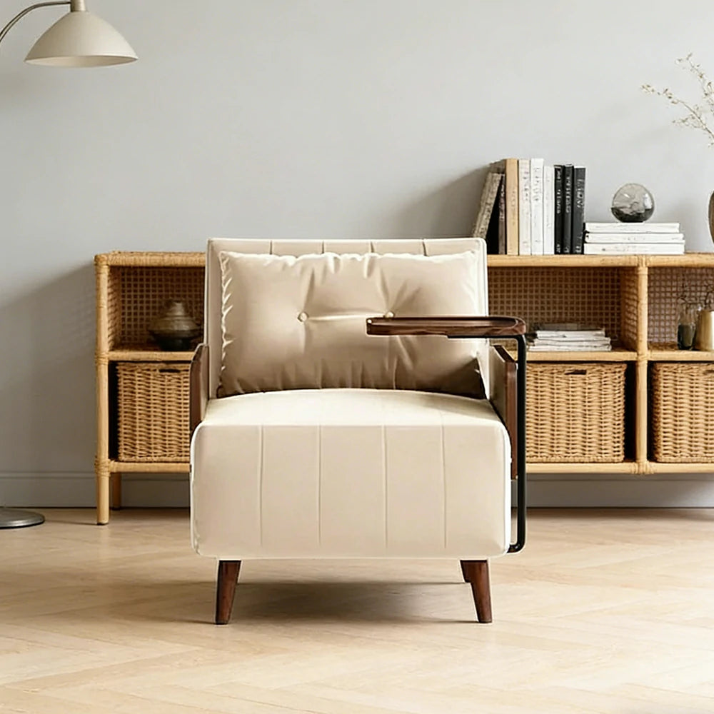 LUXORA Modern Cat-Scratch Fabric Armchair, Solid Walnut Wood Frame, Compact Single Sofa for Small Spaces - White