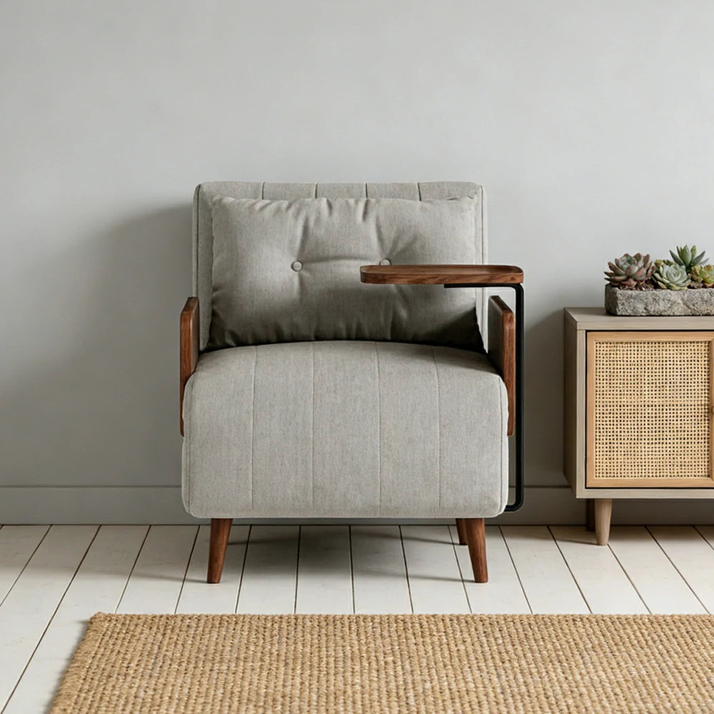 LUXORA Modern Cat-Scratch Fabric Armchair, Solid Walnut Wood Frame, Compact Single Sofa for Small Spaces - Grey