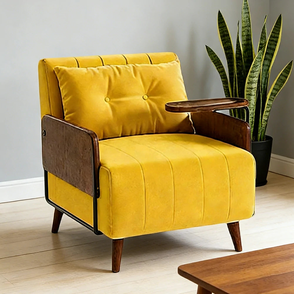LUXORA Modern Cat-Scratch Fabric Armchair, Solid Walnut Wood Frame, Compact Single Sofa for Small Spaces - Yellow