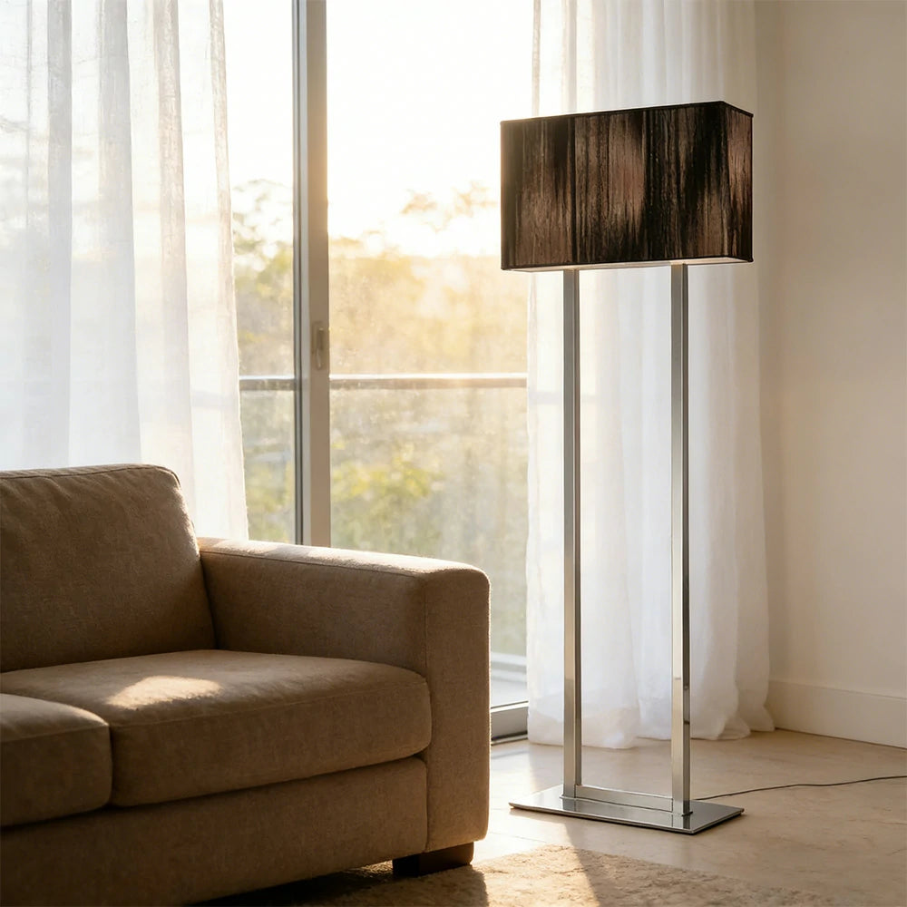 LUXORA Floor Lamp Soft Ambient Lighting Grey Shade Silver Base Metal Frame Hand-Crafted Wire Design