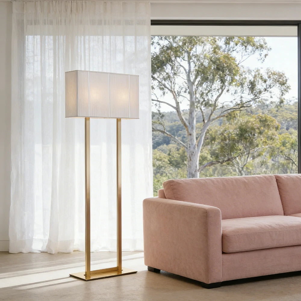 LUXORA Floor Lamp Soft Ambient Lighting White Shade Gold Base Metal Frame Hand-Crafted Wire Design