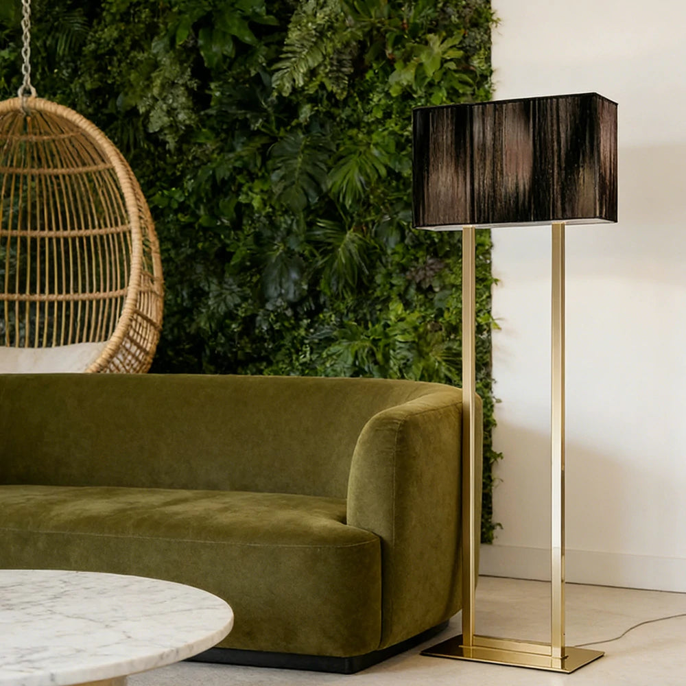 LUXORA Floor Lamp Soft Ambient Lighting Grey Shade Gold Base Metal Frame Hand-Crafted Wire Design