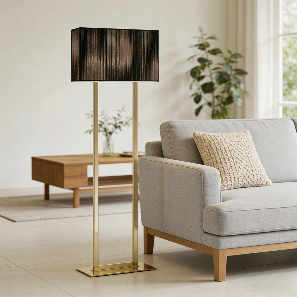 LUXORA Floor Lamp Soft Ambient Lighting Grey Shade Gold Base Metal Frame Hand-Crafted Wire Design