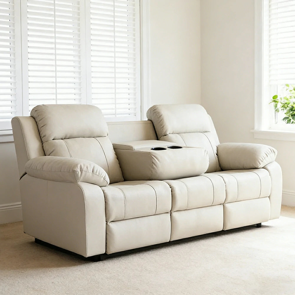 LUXORA 220/250cm 3-Seater Electric Recliner Sofa Wide-Angle Adjustment Premium Imported Leather 7D Fibre Comfort Support with Centre Backrest Console Table - Beige