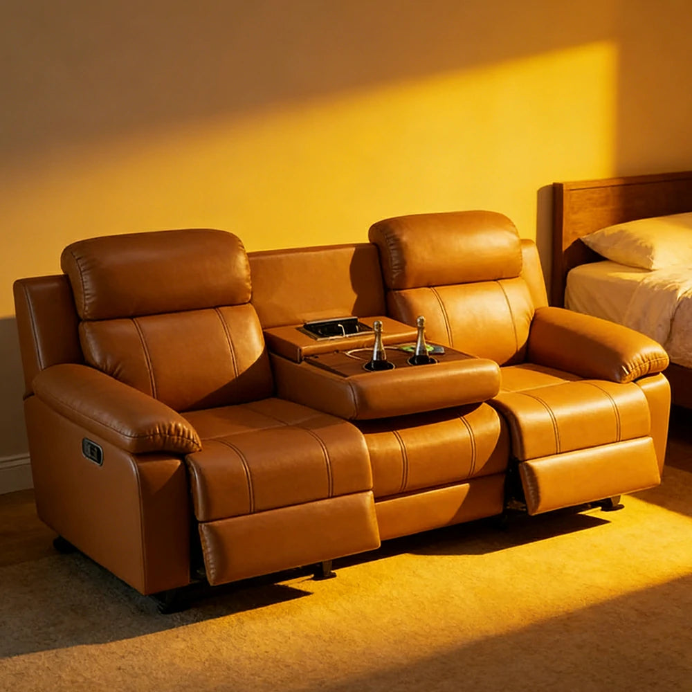 LUXORA 220/250cm 3-Seater Electric Recliner Sofa Wide-Angle Adjustment Premium Imported Leather 7D Fibre Comfort Support with Centre Backrest Console Table - Brown