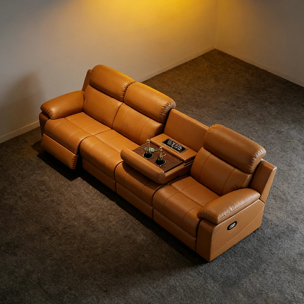 LUXORA 280/320cm 4-Seater Electric Recliner Sofa Wide-Angle Adjustment Premium Imported Leather 7D Fibre Comfort Support with Centre Backrest Console Table - Brown