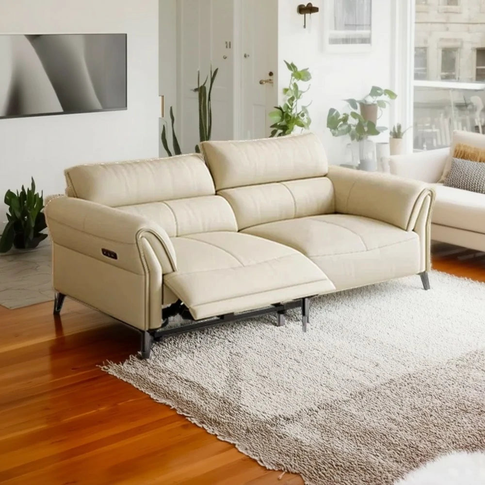 LUXORA 166/186cm Electric Recliner Sofa 2-Seater Full Electric Wide-Angle Adjustment Top-Grain Leather Comfort Design - Beige