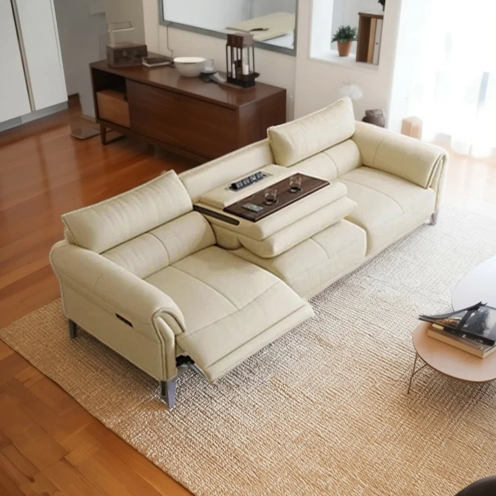 LUXORA 226/256cm Electric Recliner Sofa 3-Seater Dual Side Power Center Console Backrest Top-Grain Leather Comfort Design - Beige