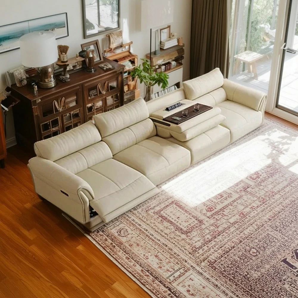 LUXORA 286/326cm Electric Recliner Sofa 4-Seater Side Power Seats Center Power Console Top-Grain Leather Comfort Design - Beige