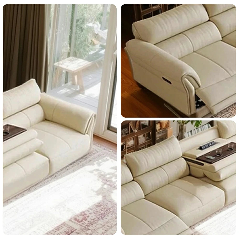 LUXORA 286/326cm Electric Recliner Sofa 4-Seater Side Power Seats Center Power Console Top-Grain Leather Comfort Design - Beige
