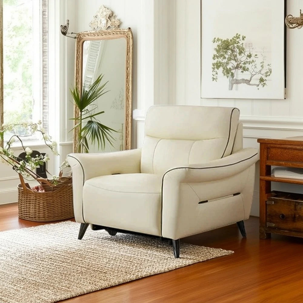 LUXORA 125/200cm Electric Recliner Armchair Top-Grain Leather 55D High-Resilience Foam Comfort Design - Beige