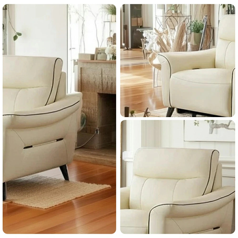 LUXORA 125/200cm Electric Recliner Armchair Top-Grain Leather 55D High-Resilience Foam Comfort Design - Beige