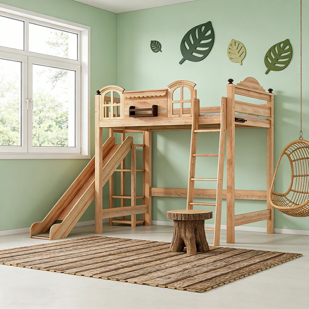 LUXORA 120/135/150cm Kids Slide Bed with Straight Ladder - Safety Guardrail Design, Solid Wood Frame, Natural Wax Oil Eco Finish