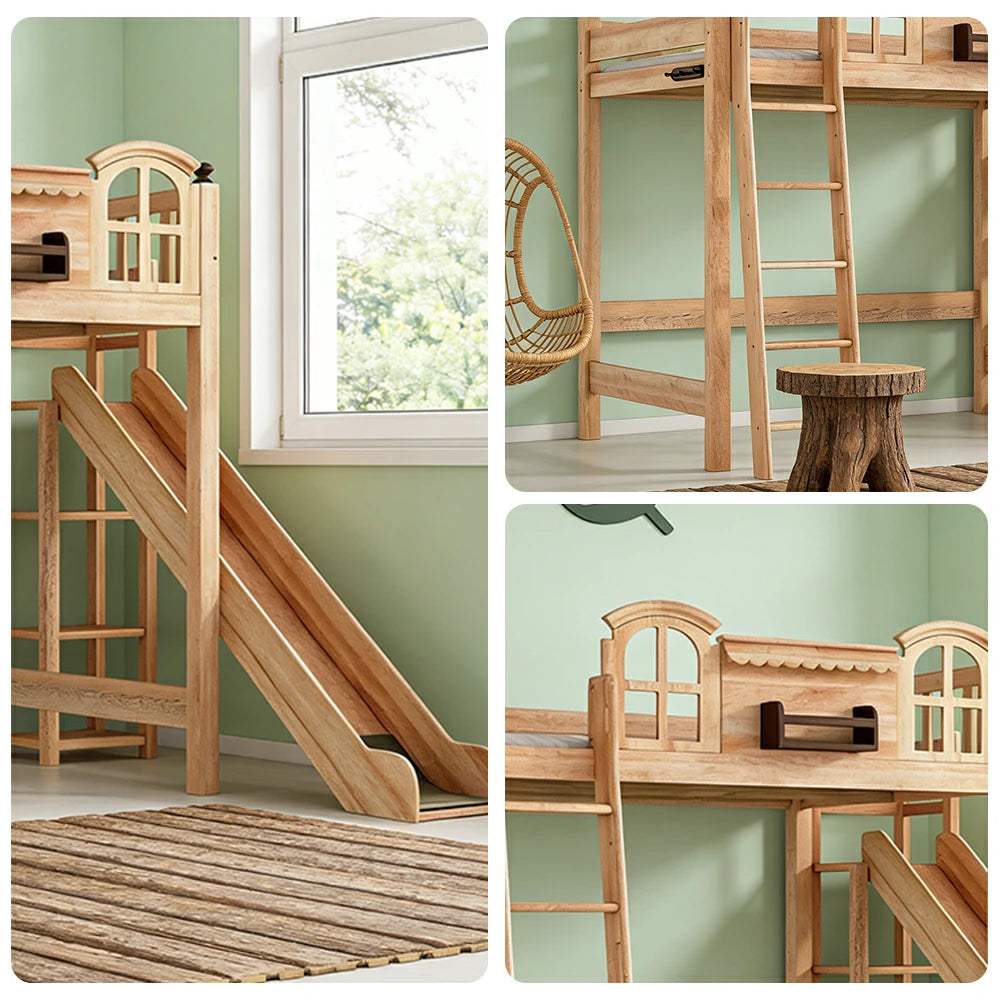 LUXORA 120/135/150cm Kids Slide Bed with Straight Ladder - Safety Guardrail Design, Solid Wood Frame, Natural Wax Oil Eco Finish