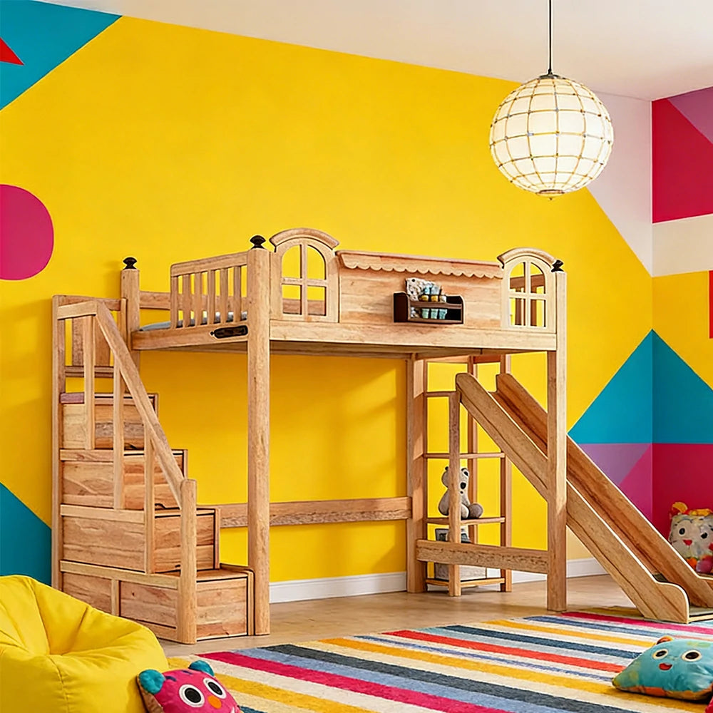 LUXORA 120/135/150cm Kids Slide Bed with Storage Stair - Safety Guardrail Design, Solid Wood Frame, Natural Wax Oil Eco Finish