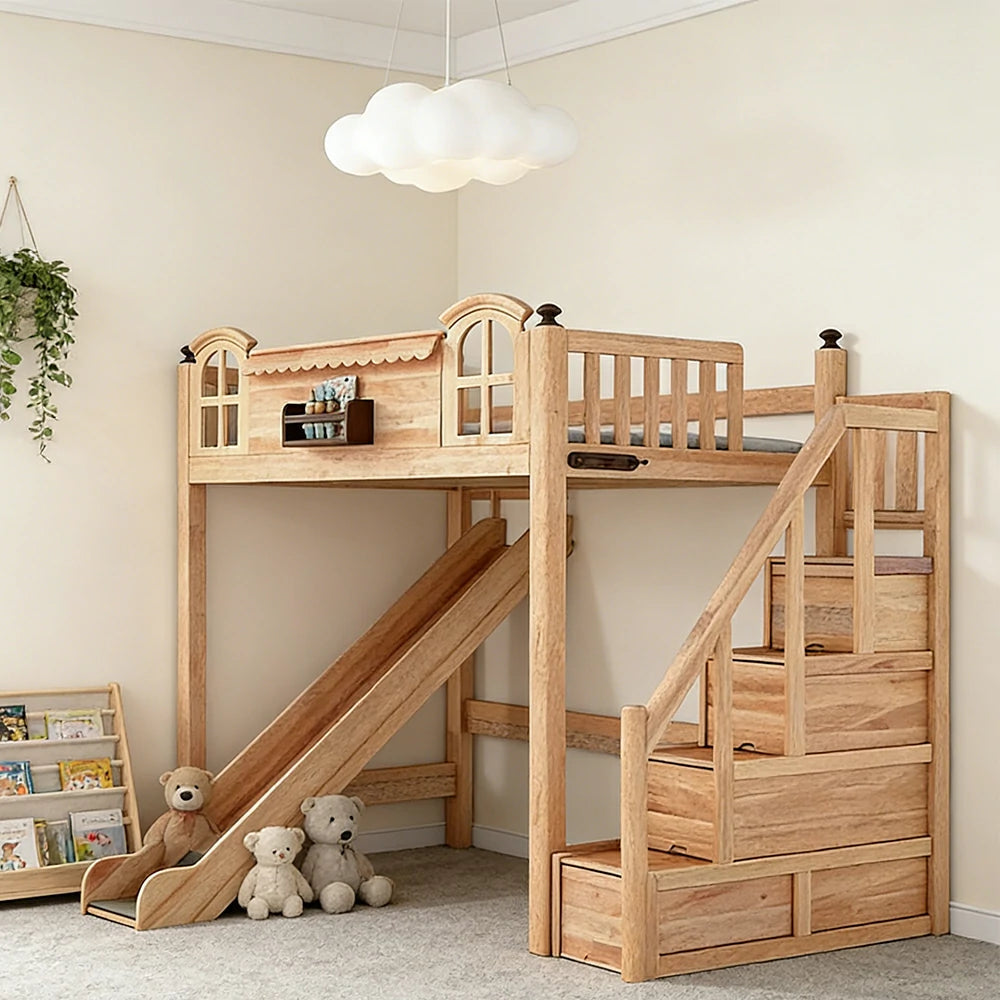 LUXORA 120/135/150cm Kids Slide Bed with Storage Stair - Safety Guardrail Design, Solid Wood Frame, Natural Wax Oil Eco Finish